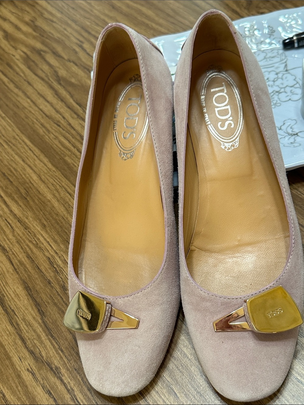 TOD'S Size 9 Blush Suede Ballet Flats with Gold Hardware